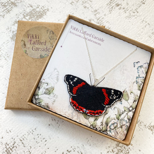 Embroidered Red Admiral Butterfly Necklace