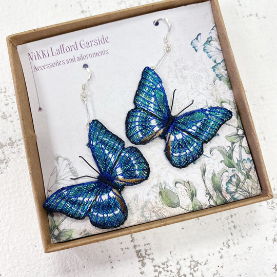 Embroidered Blue Morpho Butterfly Drop Earrings