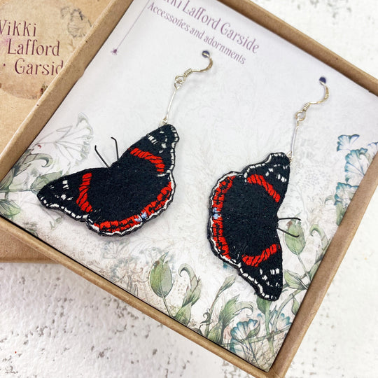 Embroidered Red Admiral Butterfly Drop Earrings