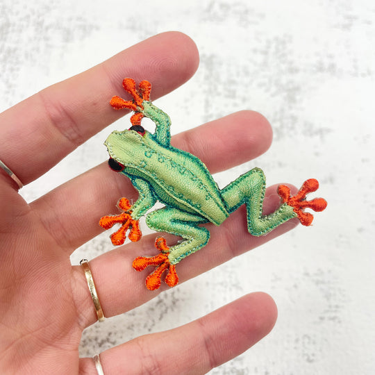Embroidered Green and Orange Frog Brooch
