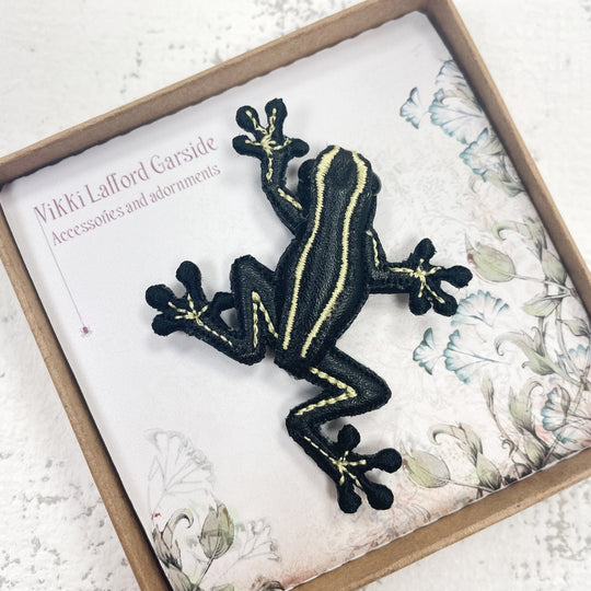 Embroidered Black and Yellow Striped Frog Brooch