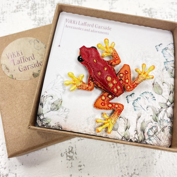 Embroidered Red and Yellow Spotted Frog Brooch