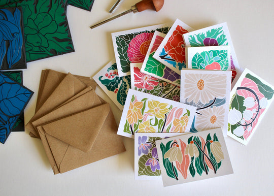 Mini Birth Flower Linocut Note Cards - Set of 12 | Colourful Flowers by month / A7 Notelet card & envelope set