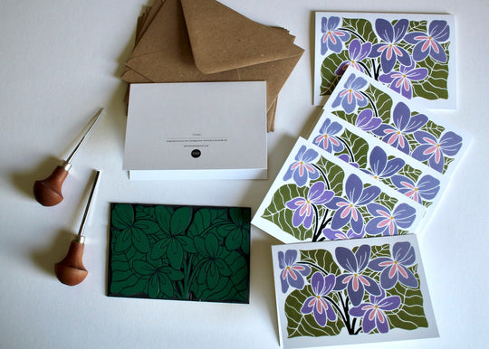 Violet Flower Linocut Art Notecards - Set of 8 | Thank You Cards & Envelopes