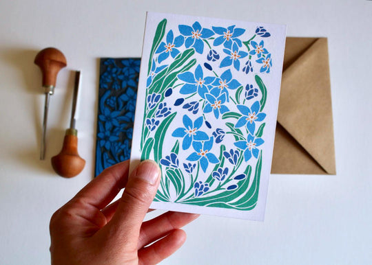 Linocut Forget-me-not Flowers Greeting Card | Single Card & Envelope