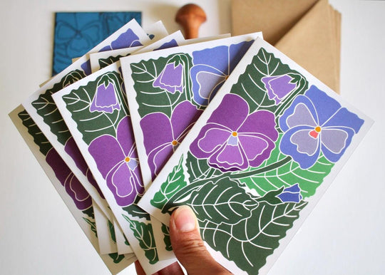 Pansy Flower Linocut Art Notecards | Set of 8 Notecards & Envelopes