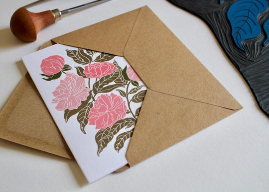 Peonies Linocut Greeting Card | Single Card & Envelope