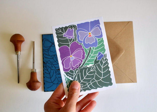 Pansies Linocut Greeting Card | Single Card & Envelope