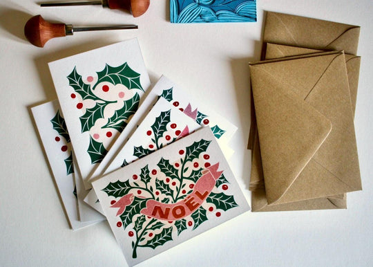 Luxury Linocut Holly Leaves Christmas Card Set | Pack of 6 Cards & Envelopes