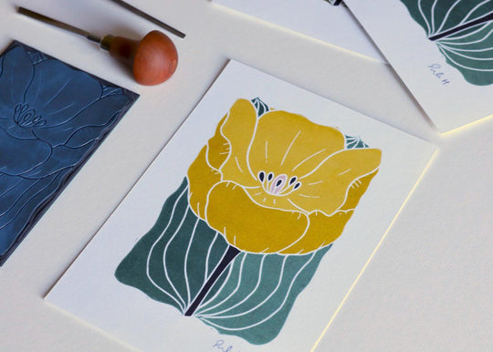 Yellow Linocut Tulip Flower Print | A5 or A4 on Cotton Paper