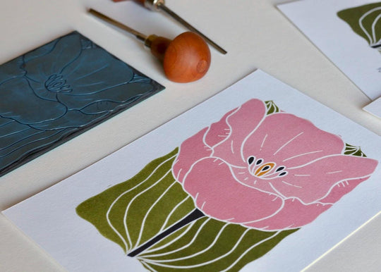 Soft Pink Linocut Tulip Flower Print | A5 or A4 on Cotton Paper