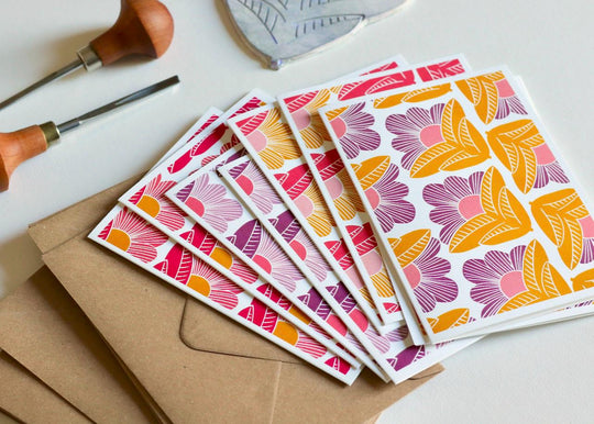 Sunrise Abstract Floral Linocut Cards | Set of 8 Notecards & Envelopes