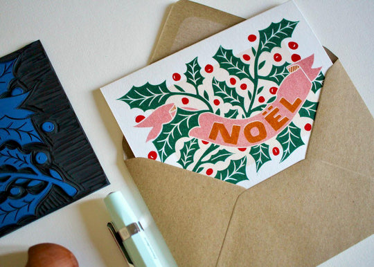 Linocut Holly Noël Christmas Card | Single Card or Pack