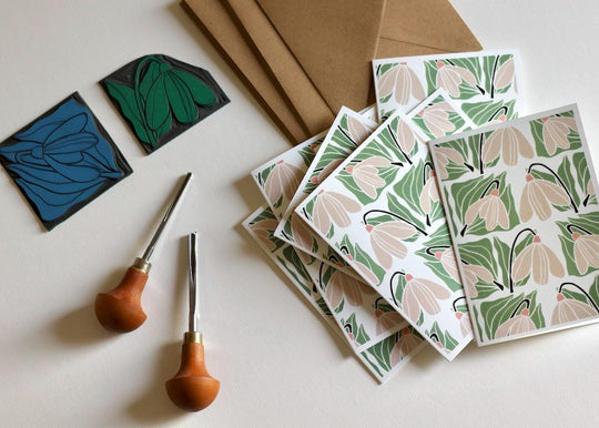 Winter Snowdrops Linocut Cards | Set of 8 Notecards & Envelopes