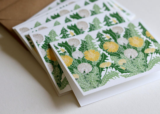 Dandelion Flower Linocut Art Note Cards | Set of 8 Notecards & Envelopes