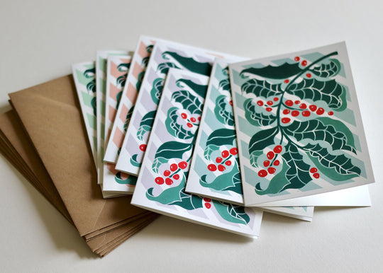 Candy Stripes & Holly Leaves Linocut Notecards - Set of 8 | Festive Christmas Card Set & Envelopes