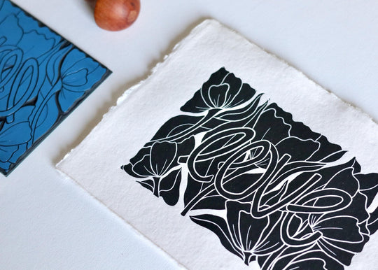 Love Amongst the Flowers Linocut Print | Handprinted A5 Art Print on Cotton Rag Paper