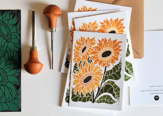 Linocut Joy Bloom Sunflower Cards | Set of 8 Notecards & Envelopes