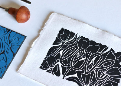Love Amongst the Flowers Linocut Print | Handprinted lino cut Wall Art / A5 Art Print on Cotton Rag Paper / Floral print, valentines day art