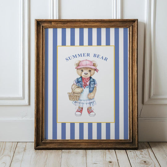 Vintage Bear Girl Striped Wall Art