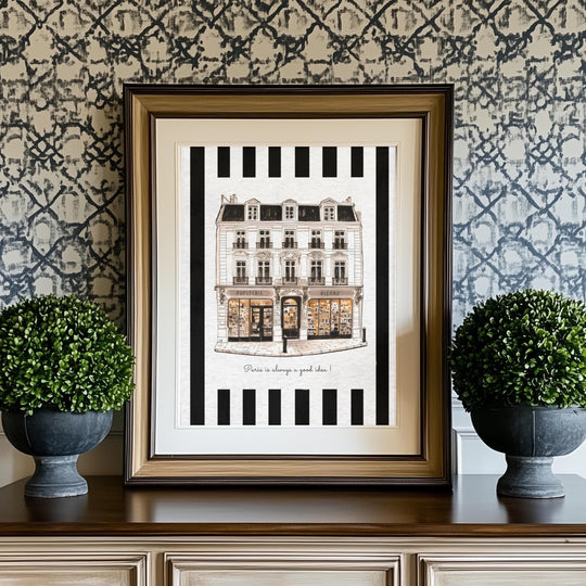 Paris Shop Print French Line Drawing Storefront Watercolor Artwork