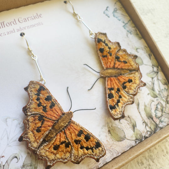 Embroidered Comma Butterfly Earrings