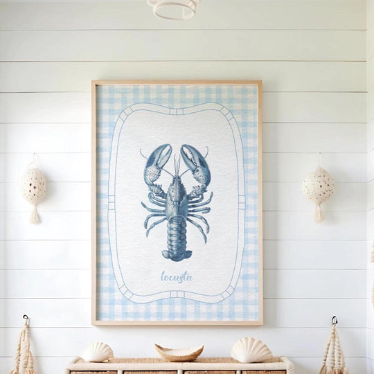 Lobster Wall Art Coastal Seaside Print Gingham Blue White Artwork
