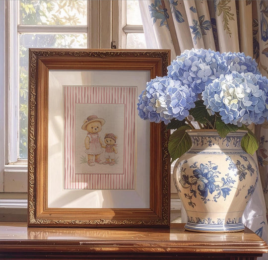 Pink Striped Bear Girl Mama Bear Watercolor Illustration