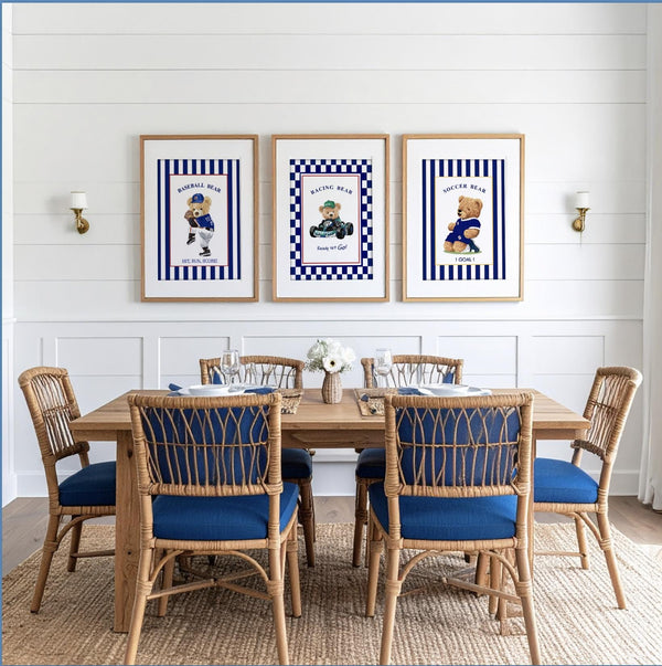 Set of 3 Bear Prints Striped Sport Themed Artwork