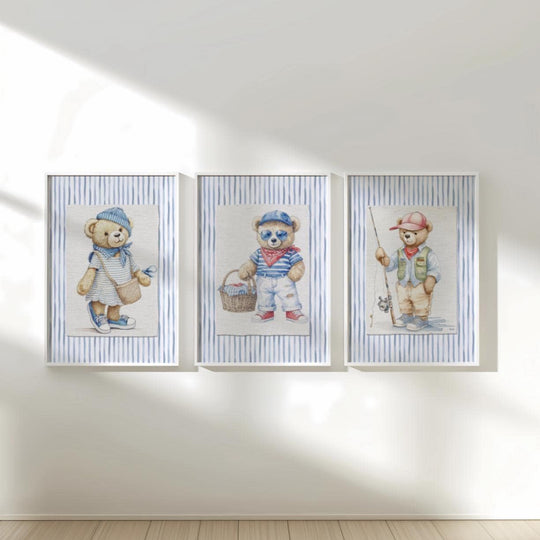 Blue Striped Bear Artwork Set of 3 Nursery Wall Art Set of 3