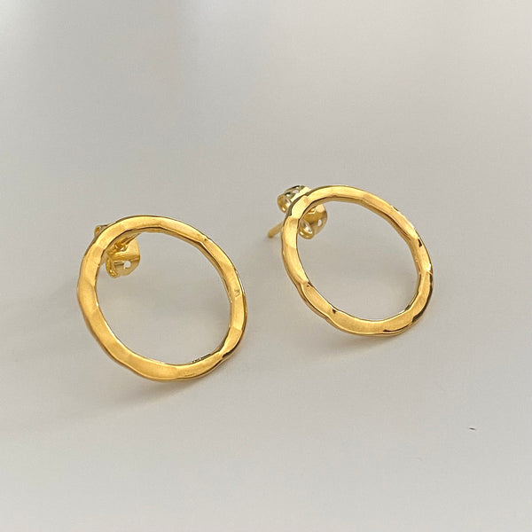 Gold Plated Sterling Silver Hollow Hammered Circle Stud Earrings
