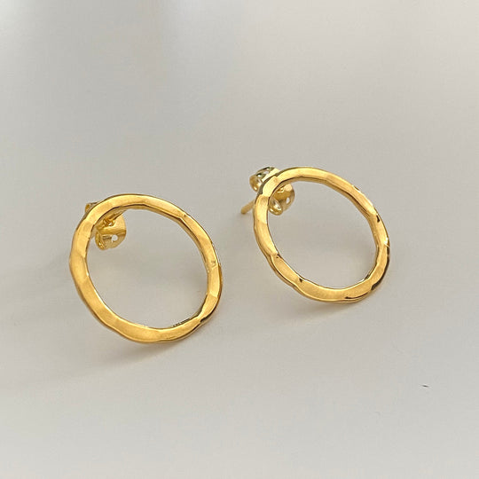 Gold Plated Sterling Silver Hollow Hammered Circle Stud Earrings