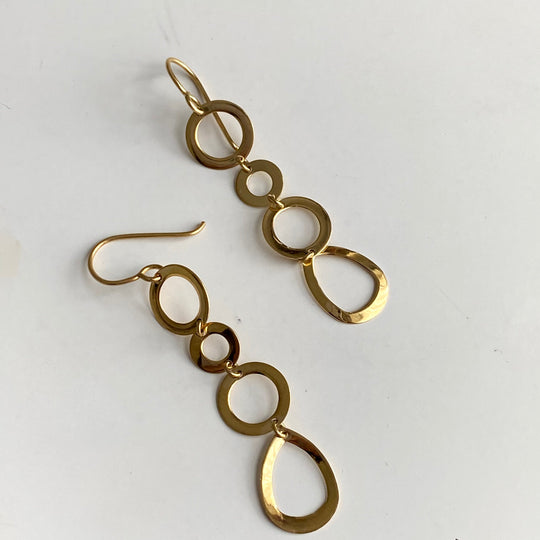 Gold Plated Sterling Silver Long Earrings with Round and Tear Drop Shaped Rings