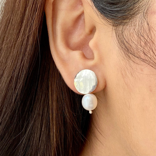 Sterling Silver Disc Earrings with a Freshwater Pearl Drop
