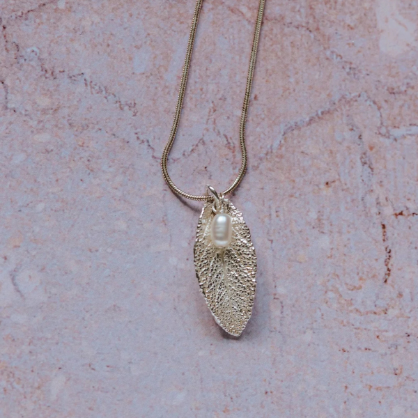 Silver Sage Leaf & Pearl Pendant Necklace