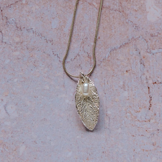 Silver Sage Leaf & Pearl Pendant Necklace