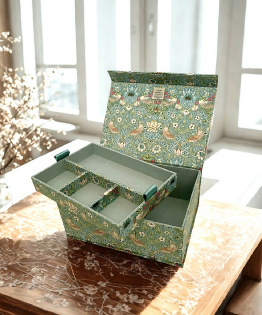 Handmade Strawberry Thief Green Box | William Morris Fabric Jewellery/ Sewing Organiser with Removable Tray