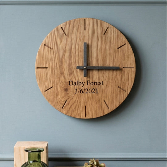 Personalised Engraved Wall Clock, Precious Memories Captured In Oak