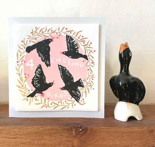 Four Calling Birds, Hand Screenprinted Christmas Card