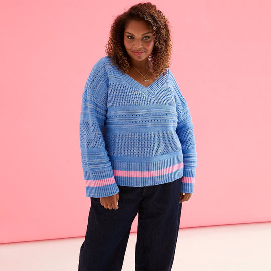 Judith Pointelle Stitch V Neck Jumper - Blue