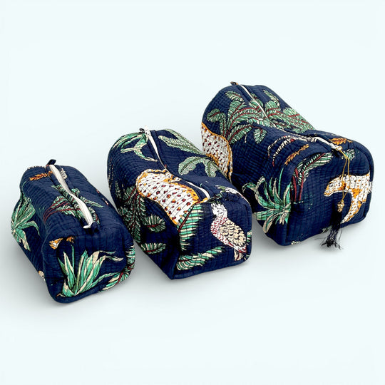 Jungle Print Cotton Washbag, Make Up Bag, Pencil Case with Waterproof Lining - Navy Blue