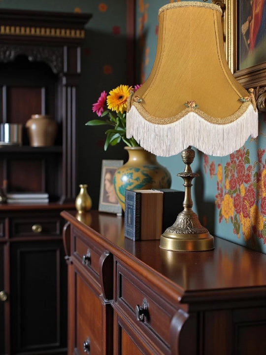 Traditional antique gold fabric lampshades with gold rose buds - Available in 8 sizes
