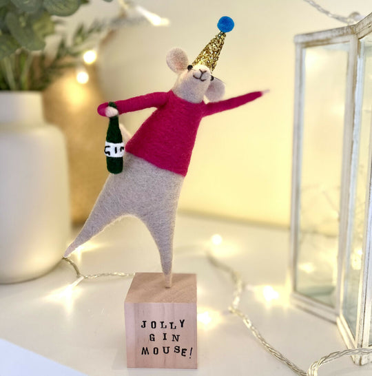 Needle Felted Mouse Figurine - Jolly Gin Mouse with Party Hat & Bottle Decor