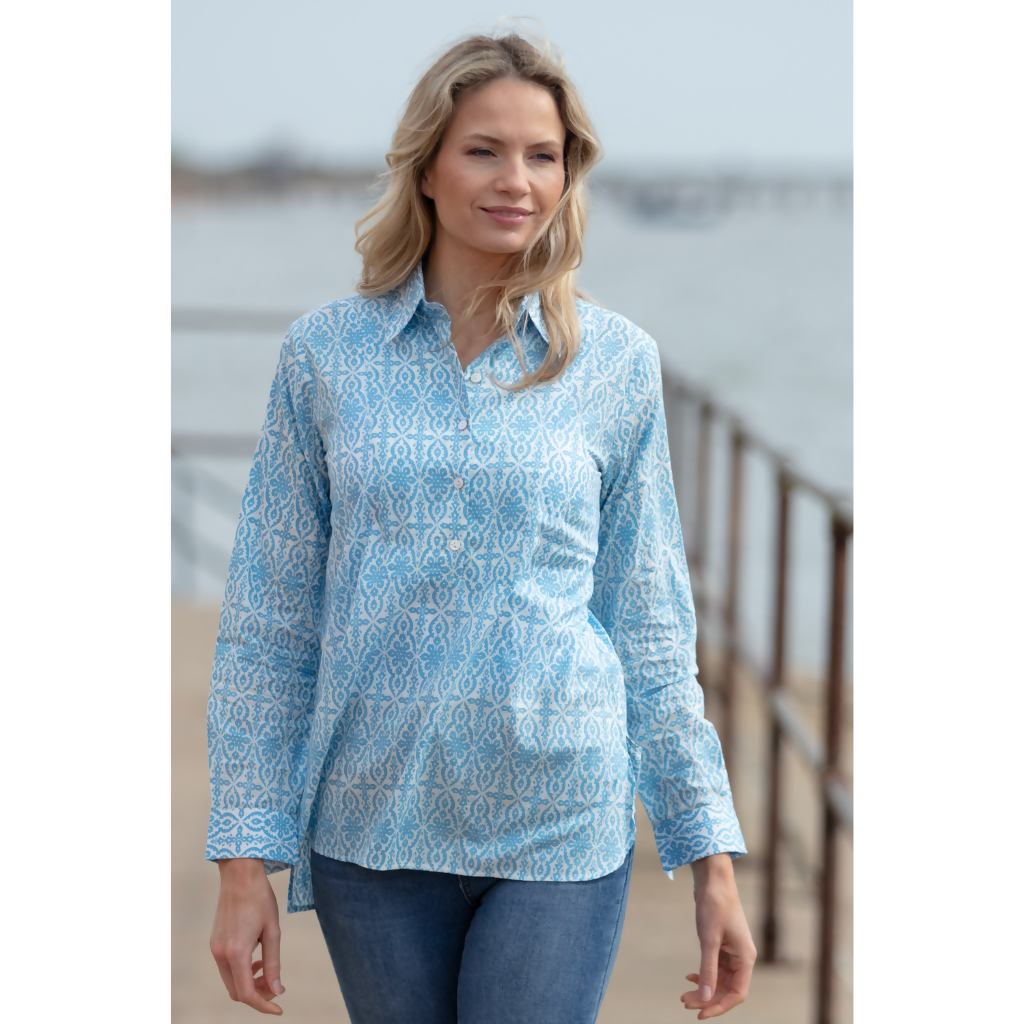 Cotton Mayfair Shirt in Baby Blue & White