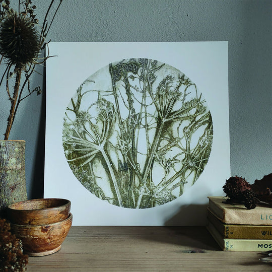 Olive Circular Gelli Print Wildflower and Grasses Giclee Print