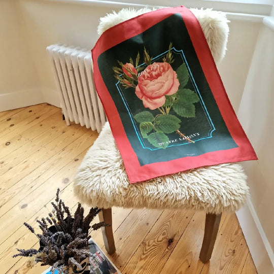 Rose Print Cotton Tea Towel in Green and Red