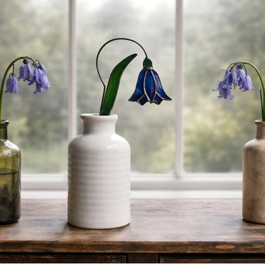 Handmade Stained Glass Bluebell – Single Stem in Cobalt Blue & White Wispy Glass