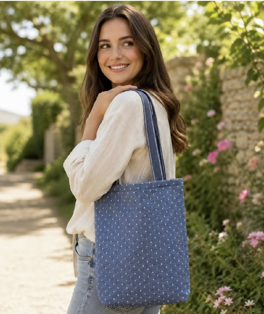 Blue and White spot organic Tote Bag Matching Purse