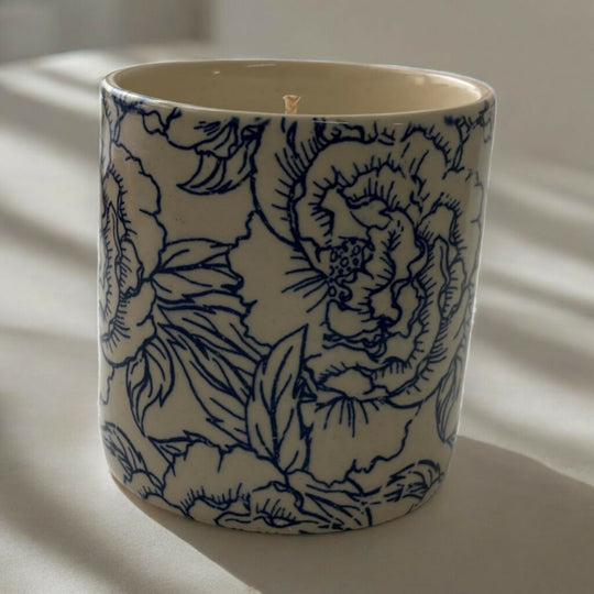 Blue Peony Stoneware Essential Oil Candle