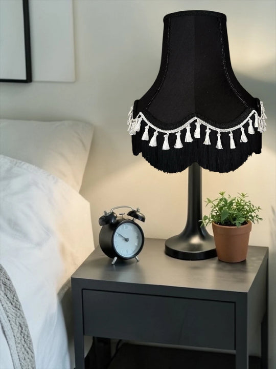 Traditional black fabric lampshades with white tassels - Available in 8 sizes